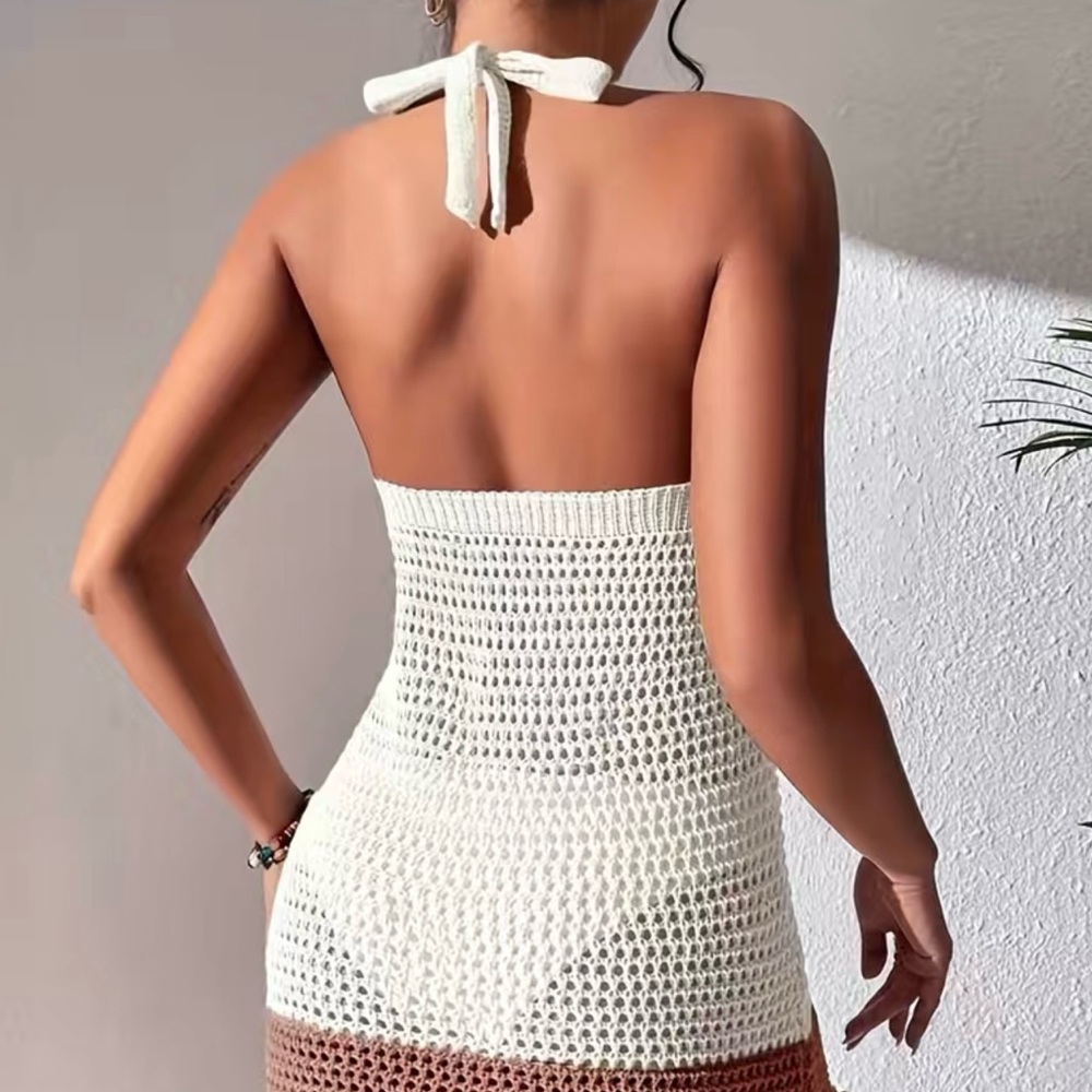 NEW- Crochet bathing suit cover - dress halter top style Large- cream color only - Picture 3 of 6
